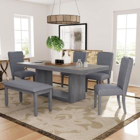 Contemporary 6-Pcs 78 inch Extendable Pedestal Dining Table Set with 18 inch Removable Leaf and Dining Bench, 4 Upholstered Dining Chairs (Color: Gray, Material: Rubber Wood)